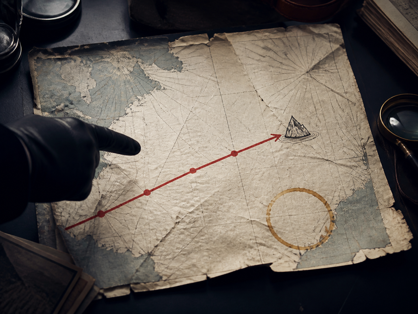 Fictional evidence photo of a route drawn directly toward an iceberg
